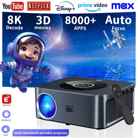 Proyector HORLAT LCD Android 25000 Lúmenes 4K Smart - Cine en Casa Full HD 1080P Nativo con Enfoque Automático Bluetooth 5.0 WiFi 5G