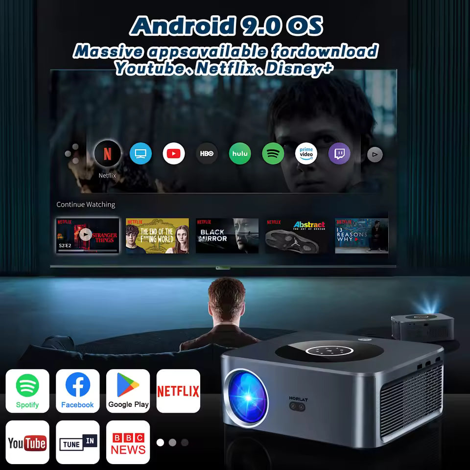 Proyector HORLAT LCD Android 25000 Lúmenes 4K Smart - Cine en Casa Full HD 1080P Nativo con Enfoque Automático Bluetooth 5.0 WiFi 5G